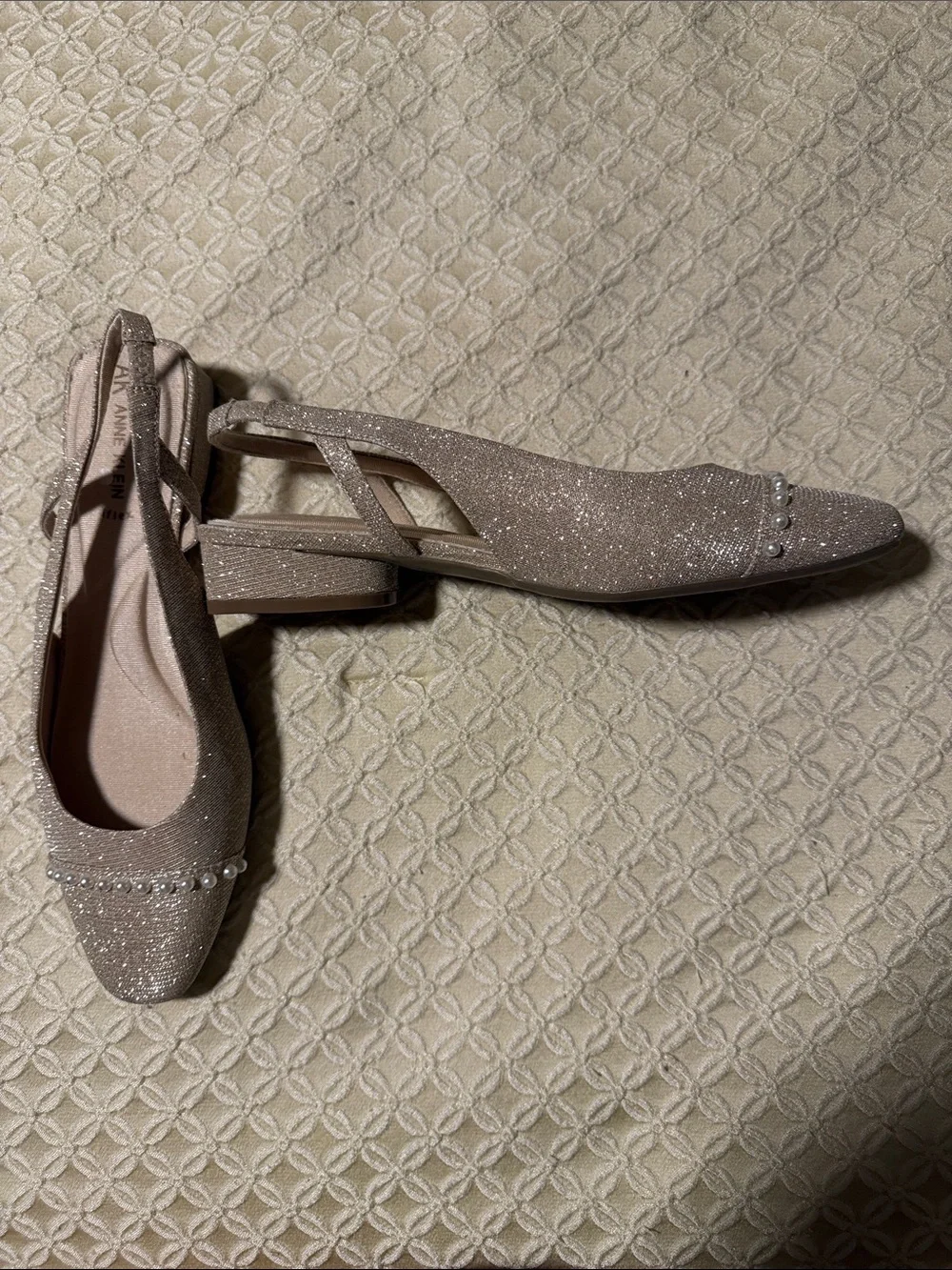 Anne Klein Champagne Glitter Slingback Flats with Pearl Trim